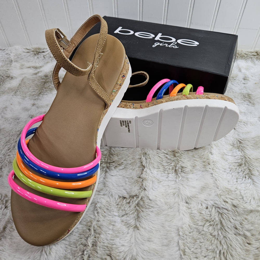Bebe Girls Size 5 Rainbow Multi Color Strappy Sandals Buckle On Side NWT New